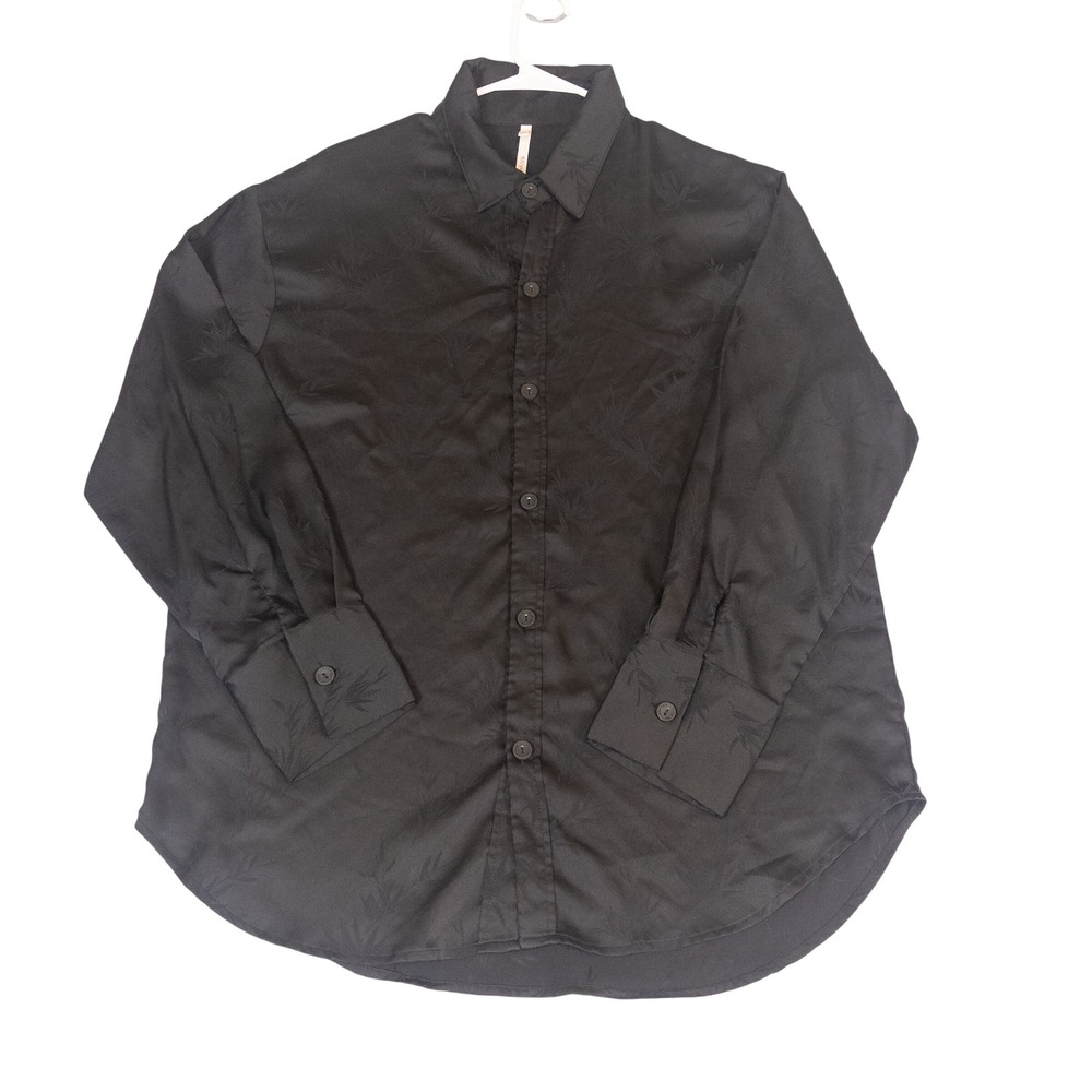 Yuenei Mens XXL Black Jacquard Bamboo Leaf Long Sleeve Button Down Shirt